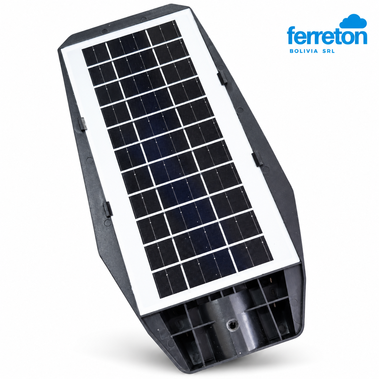 Luminaria solar con panel fotovoltaico y logo Ferreton